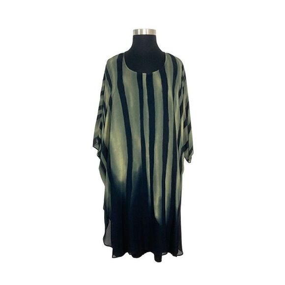 Q Neel 24 Green Stripe Dress Set Art To Wear Lagenlook Sheer Wavy - Picture 1 of 6
